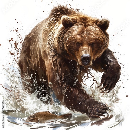 Grizzly's Chase: A magnificent Grizzly bear charges through icy water, eyes locked on a salmon, in a display of raw power and the thrill of the hunt.  photo