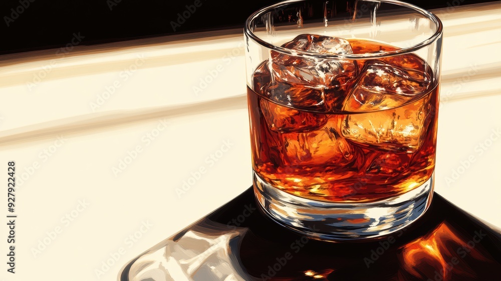 Whiskey Glass with Ice on a Sunlit Surface Whiskey Glass with Ice on a Sunlit Surface