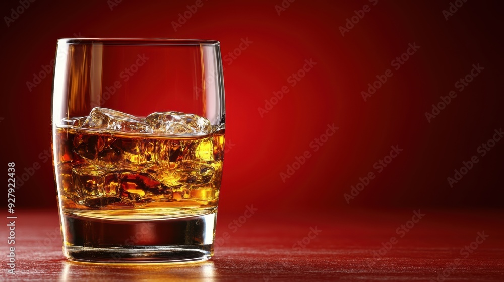 Whiskey Glass with Ice Against Red Background Whiskey Glass with Ice Against Red Background