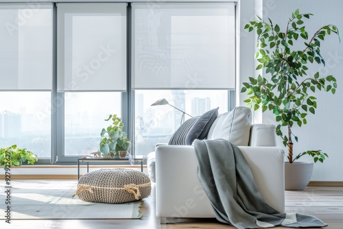 Wallpaper Mural A living room with a white couch, a potted plant, and a lamp Torontodigital.ca