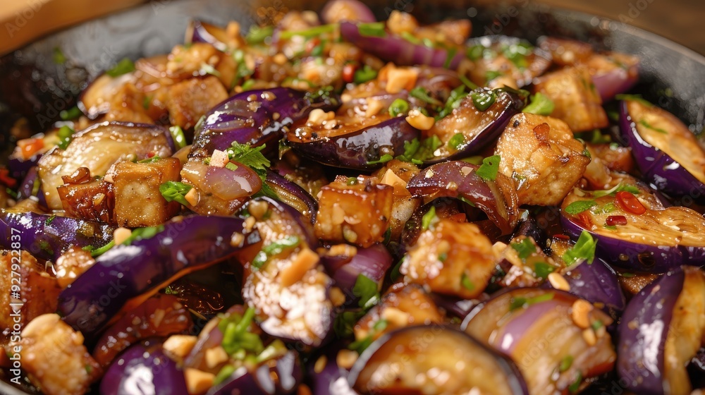 Sauteed eggplant with shallots garlic seasoning and tempeh in Indonesian cuisine Sauteed eggplant with shallots garlic seasoning and tempeh in Indonesian cuisine