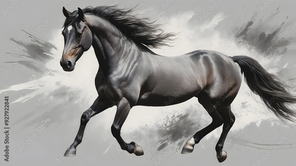Obraz premium Black Horse Running on a Grey Background