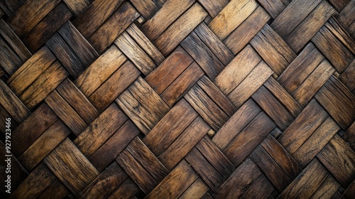 An intricately woven wooden texture showcasing a close-up of brown wooden strips arranged in a detailed, geometric, and artisanal pattern. Ideal for backgrounds or decor.