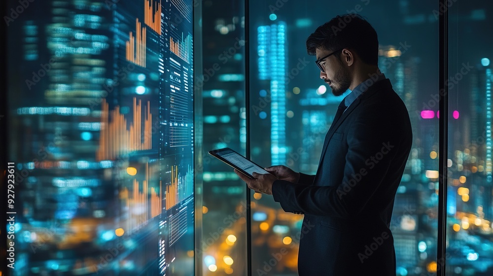 Professional businessman standing by a window, holding a tablet and reviewing financial data, with a cityscape in the background Professional businessman standing by a window, holding a tablet and reviewing financial data, with a cityscape in the background