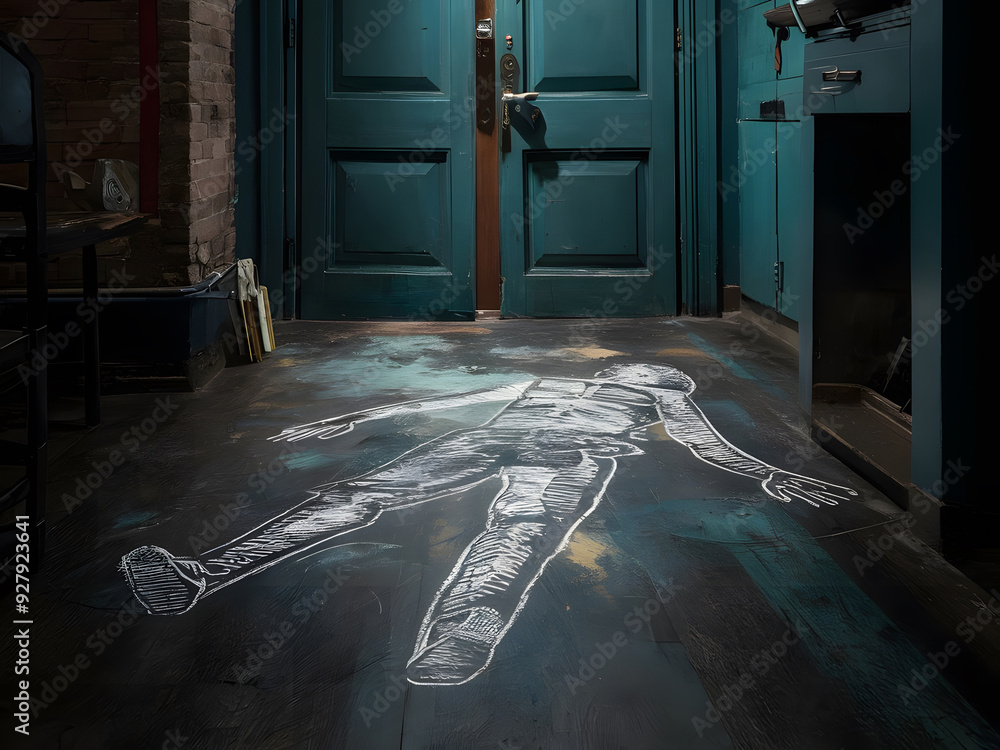 Naklejka premium Escena del crimen con dibujo con tiza de un cadáver en el suelo