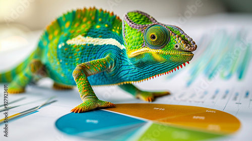 Adaptability: A chameleon changing color on a business chart, illustrating the ability to adapt to changing environments, with copy space