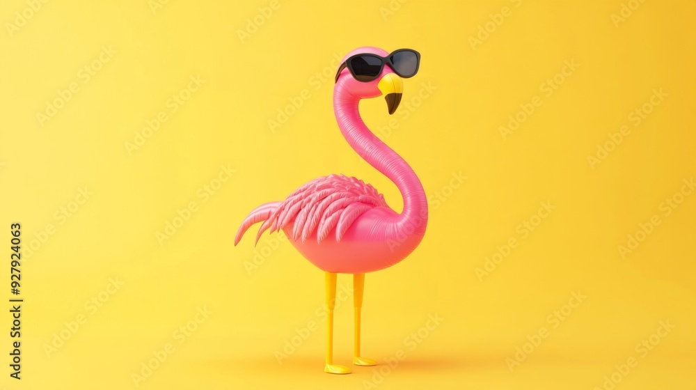 Fototapeta premium A pink flamingo wearing black sunglasses stands confidently against a vibrant yellow background, exuding a sense of whimsy, joy, and stylish fun in a modern illustration.
