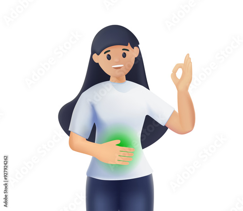 Happy girl feeling good herself after eating, 3D style. Young lady has healthy digestion, holds hand on her stomach