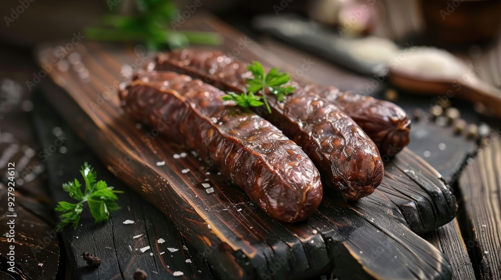 Delicious boiled offal sausage on dark wood table Delicious boiled offal sausage on dark wood table