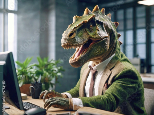 dinosaur in formal suit typing at a desk humorously illustrates the outdated nature of some business practices, blending ancient and modern in playful critique of corporate culture photo