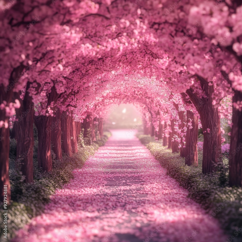 Obraz premium Cherry Blossom Enchantment: anime-style Dawn on the Enchanted Path of Spring's Floral Elegance, Perfect for Wedding Invitations and Celebrations,Anime-Style,illustration,Picture BooksFor Poster,Novel,