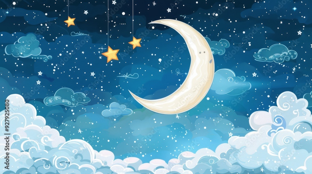 Fototapeta premium A charming illustration depicting a night sky filled with a smiling crescent moon, surrounded by hanging stars and fluffy clouds, evoking a sense of calm and magic.