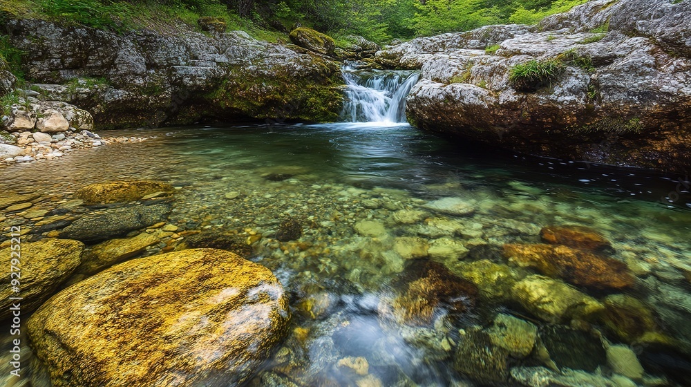 Crystal clear water flowing over smooth rocks with vibrant moss and ferns growing along the riverbank Crystal clear water flowing over smooth rocks with vibrant moss and ferns growing along the riverbank
