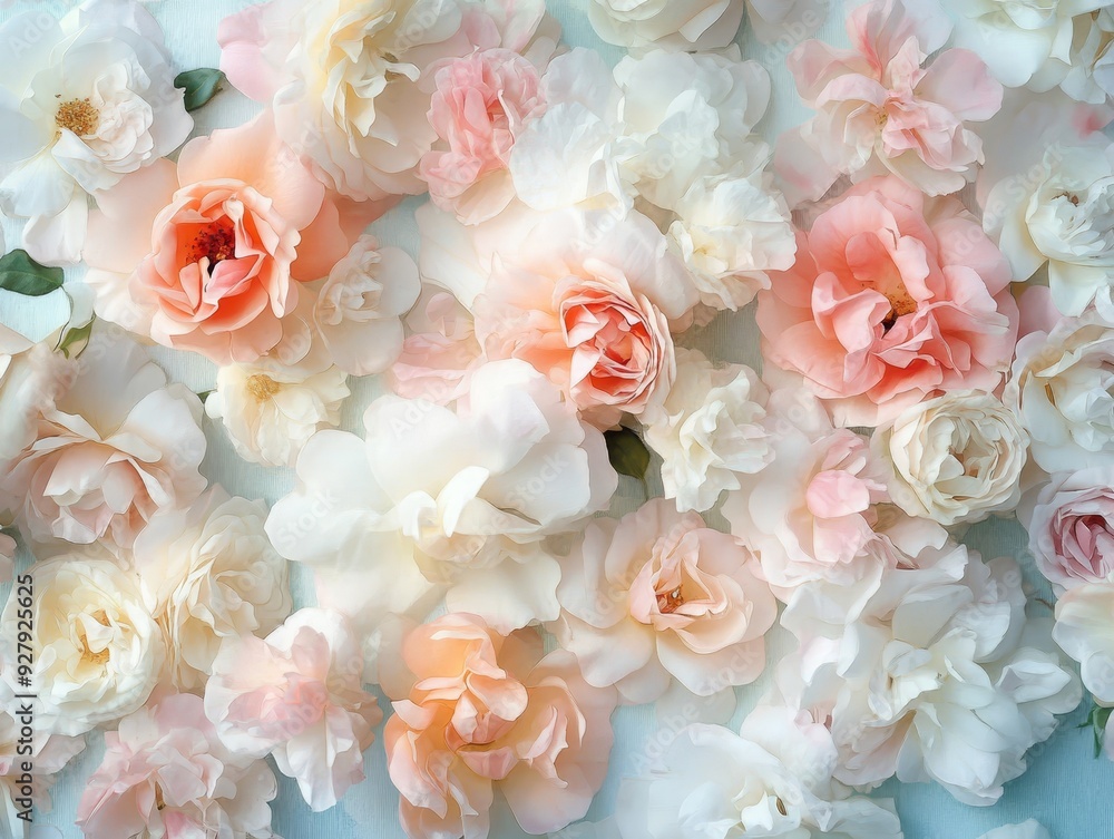 Close up of pastel floral wallpaper with roses and blooms in soft colors, detailed photography shot Close up of pastel floral wallpaper with roses and blooms in soft colors, detailed photography shot