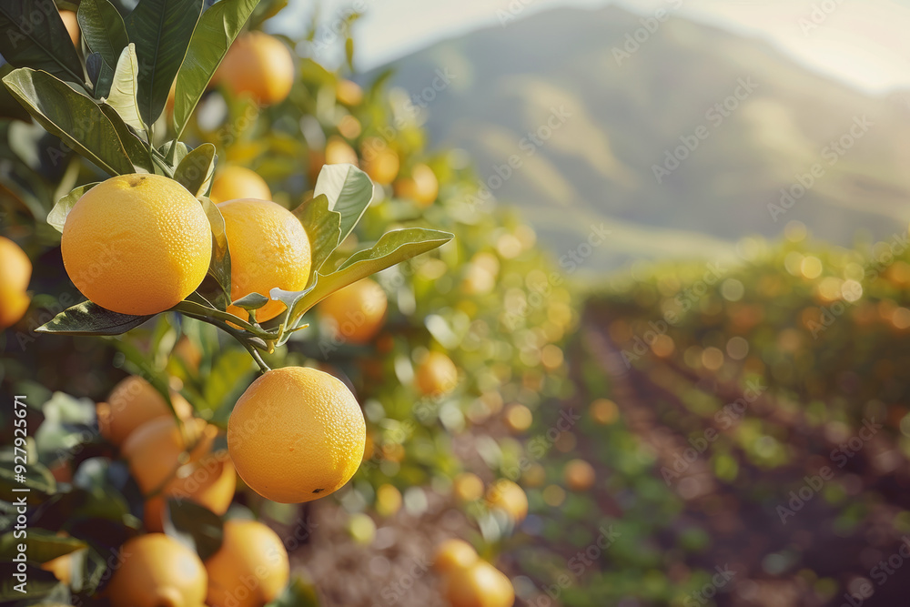 Orange trees with ripe fruits. The trees grow against the backdrop of mountains. The sun's rays illuminate the trees, emphasizing the brightness of the flowers and the juiciness of the fruits.