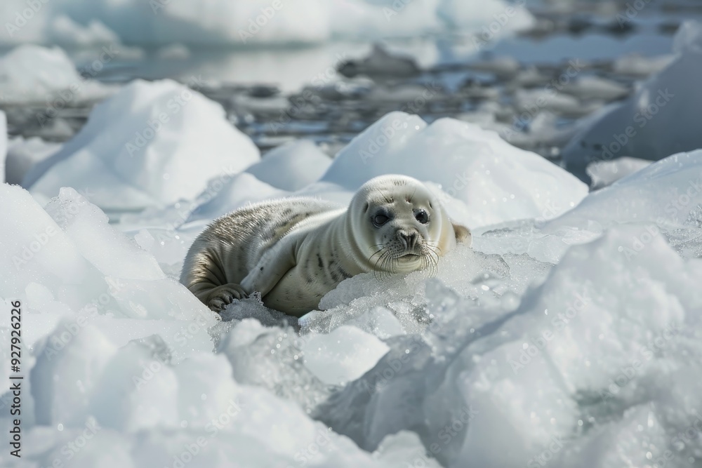 Obraz premium Seal lounging on white ice floes in pristine arctic environment under clear blue sky