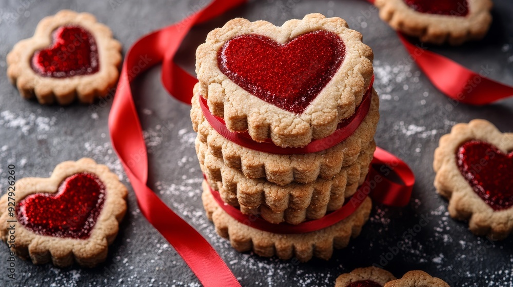 Heart-shaped cookies in stack with ribbon. Heart-shaped cookies in stack with ribbon.