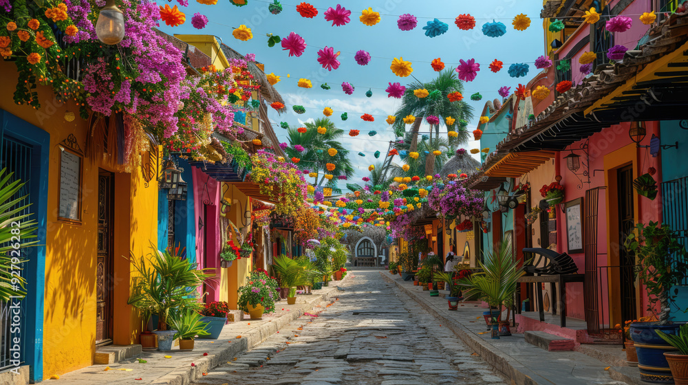Fototapeta premium A lively street festival with colorful decorations, dancing, and traditional music
