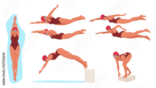 Vector Illustration Showing Various Stages Of Female Swimmer Diving Into The Water. Swimmer Depicted In Multiple Poses