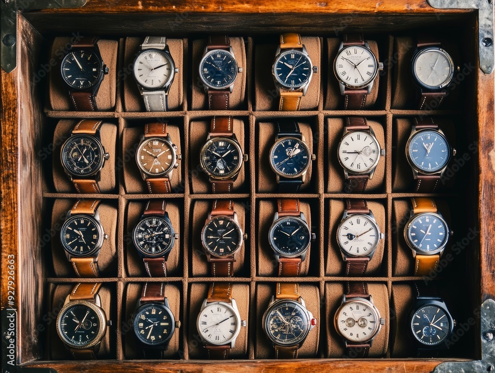 Photograph of a storage box showcasing a diverse collection of men s wristwatches Photograph of a storage box showcasing a diverse collection of men s wristwatches