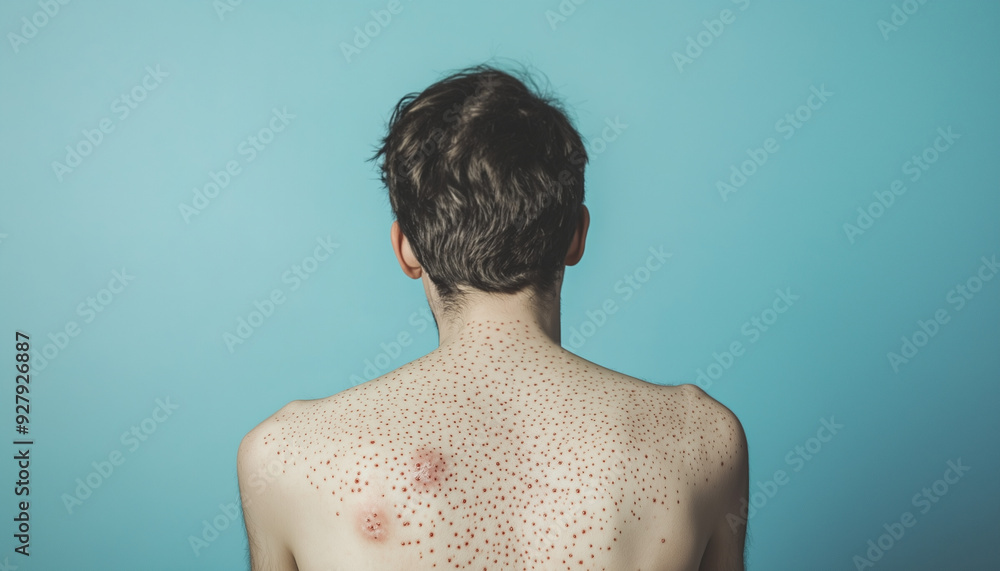 Close up of a black persons back covered in monkeypox rash, new disease dangerous over the world. Patient with Monkey Pox. Affenpocken with Painful rash, Mpox virus Close up of a black persons back covered in monkeypox rash, new disease dangerous over the world. Patient with Monkey Pox. Affenpocken with Painful rash, Mpox virus
