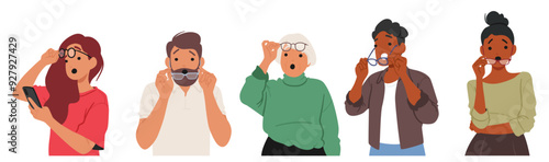 Diverse People Characters Showing Surprised Expressions While Wearing Or Adjusting Glasses. Concept Of Shock