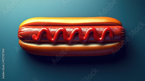 Vibrant Hot Dog with Ketchup on Blue Background