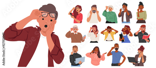 Collection Of Characters Showcasing Expressions Of Surprise And Shock In Different Scenarios and Unexpected Situations