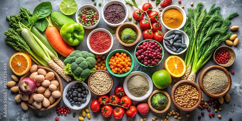 Food background with assortment of Healthy food clean eating selection: fruit, superfood, cereal, vegetable, seeds, leaf vegetable Food background with assortment of Healthy food clean eating selection: fruit, superfood, cereal, vegetable, seeds, leaf vegetable