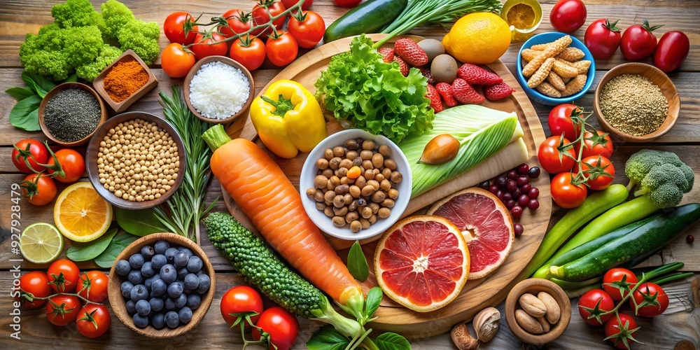 Food background with assortment of Healthy food clean eating selection: fruit, superfood, cereal, vegetable, seeds, leaf vegetable Food background with assortment of Healthy food clean eating selection: fruit, superfood, cereal, vegetable, seeds, leaf vegetable