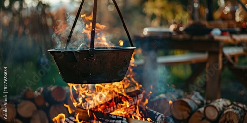 Outdoor cooking A traditional cauldron hangs over a crackling wood fire The cauldron rests on a sturdy metal stand and releases flames while simmering photo