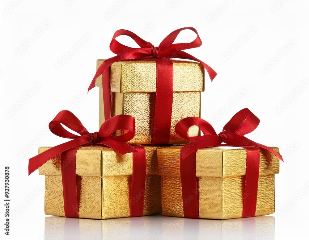 Golden Christmas box gift with red ribbon, isolated on white background. Generated image