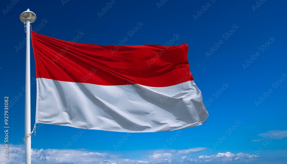 Flag of Indonesia waving in the wind, clear blue sky background. Indonesian Flag. Flag of Indonesia waving in the wind, clear blue sky background. Indonesian Flag.
