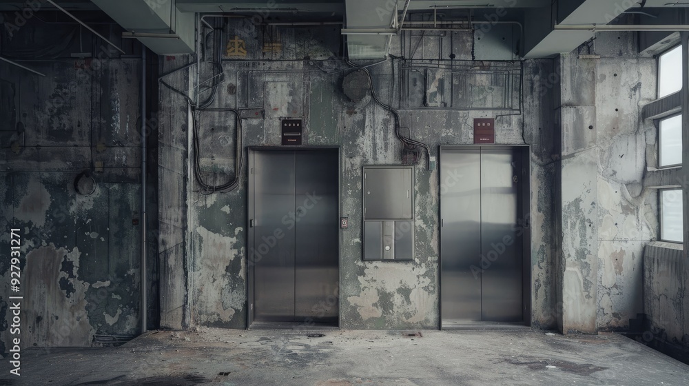 Two Abandoned Elevators in a Cracked Concrete Hallway Two Abandoned Elevators in a Cracked Concrete Hallway