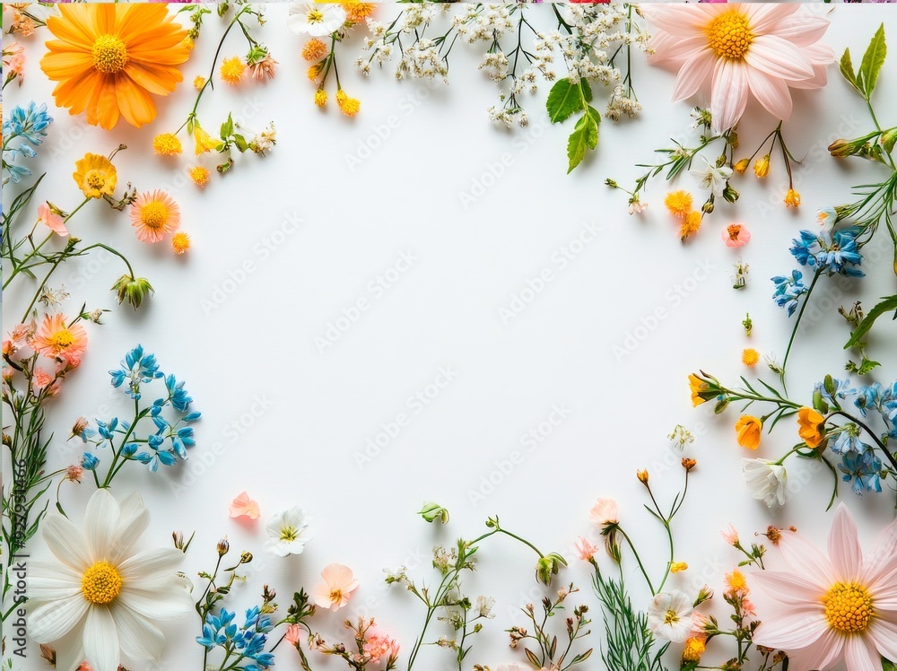 Spring Floral Frame with Daisies, Gypsophila, and Delicate Pastel Colors with white copy space background Spring Floral Frame with Daisies, Gypsophila, and Delicate Pastel Colors with white copy space background