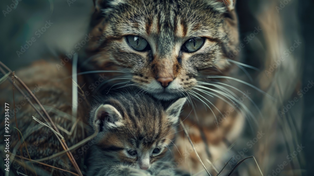 Mother cat transports her kitten by mouth Mother cat transports her kitten by mouth