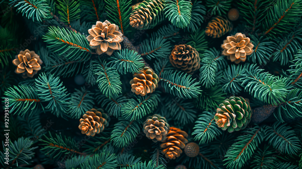 A detailed close-up of pinecones nestled among lush green pine branches, evoking a cozy, natural winter atmosphere. A detailed close-up of pinecones nestled among lush green pine branches, evoking a cozy, natural winter atmosphere.