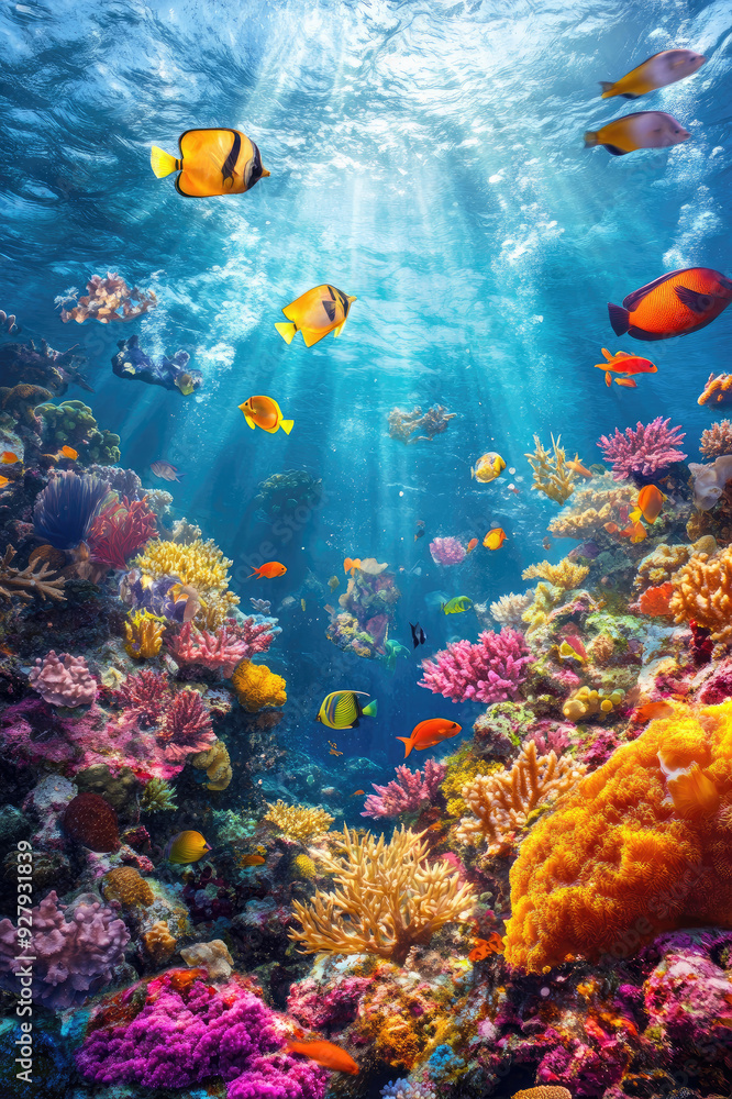 Fototapeta premium Colorful coral reef teeming with tropical fish in clear blue water