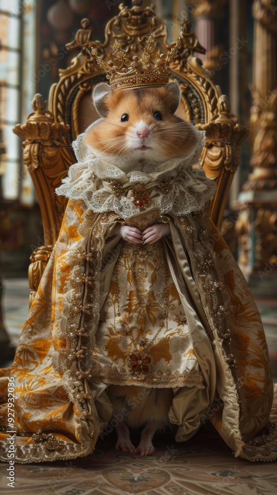 Fototapeta premium A hamster dressed as royalty sits on a throne. AI.