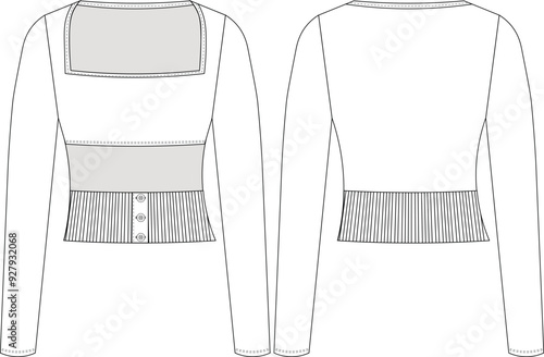 Fotografie square neck long sleeve low cut cutout ribbed hem buttoned fit blouse top templa