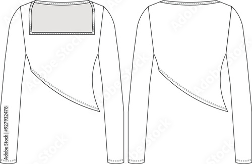 Φωτογραφία square neck long sleeve asymmetric hem cropped crop blouse top template technica