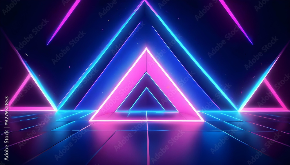 Neon triangles in a dark background with glowing blue and pink lights 28 Neon triangles in a dark background with glowing blue and pink lights 28