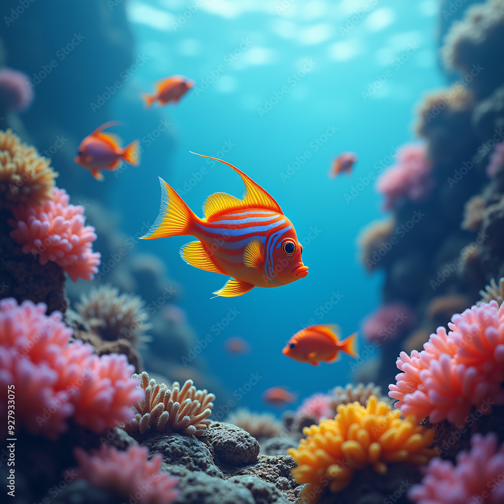 Obraz premium Colorful Tropical Fish Swimming Playfully Amongst the Vibrant Coral and Clear Blue Water of a Reef.