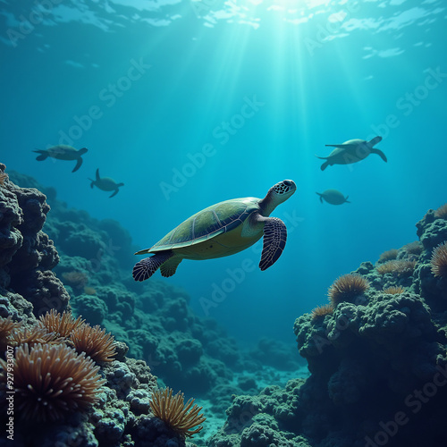 Graceful Sea Turtles Swimming Serenely Amongst the Vibrant Coral Reefs of a Tropical Ocean.