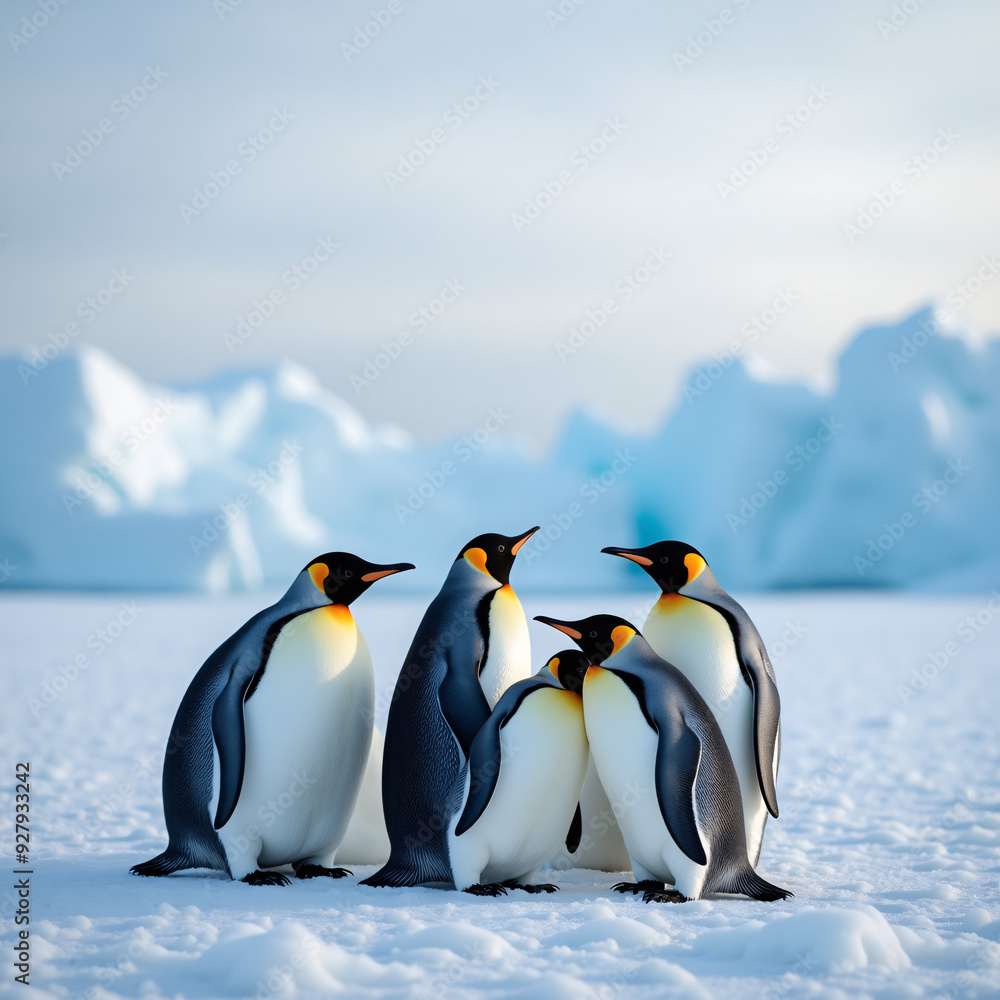 Obraz premium Harmonious Group of Penguins Huddling Together on an Icy Antarctic Beach with a Vast Ice Field in the Background.
