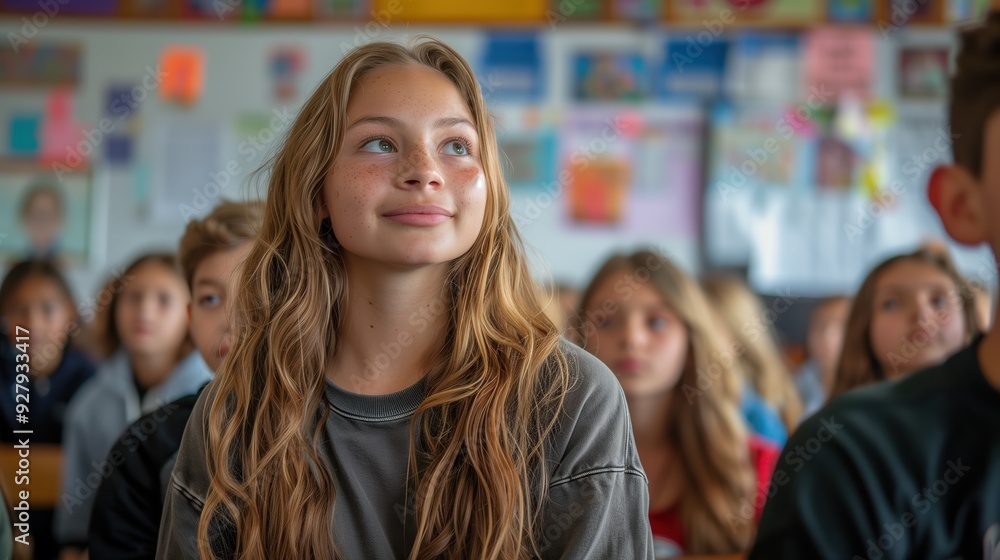 Happy Schoolgirl Smiling in Classroom with Friends Happy Schoolgirl Smiling in Classroom with Friends