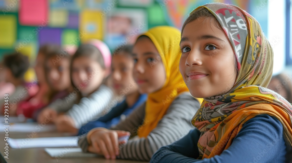 Young Middle Eastern Girls in Classroom with Colorful Hijabs Young Middle Eastern Girls in Classroom with Colorful Hijabs