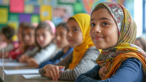 Young Middle Eastern Girls in Classroom with Colorful Hijabs