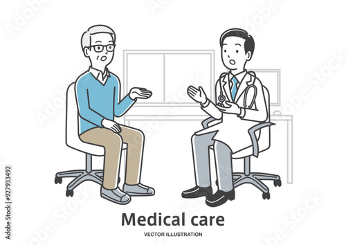 男性の医者に診察を受けるシニア男性