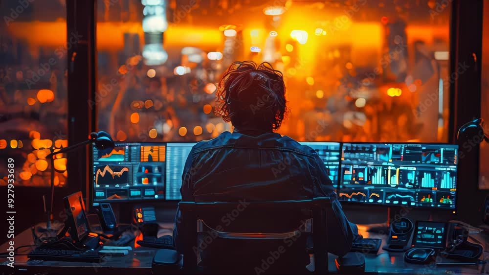 Stock trader working late, illuminated by city lights through a large window Stock trader working late, illuminated by city lights through a large window